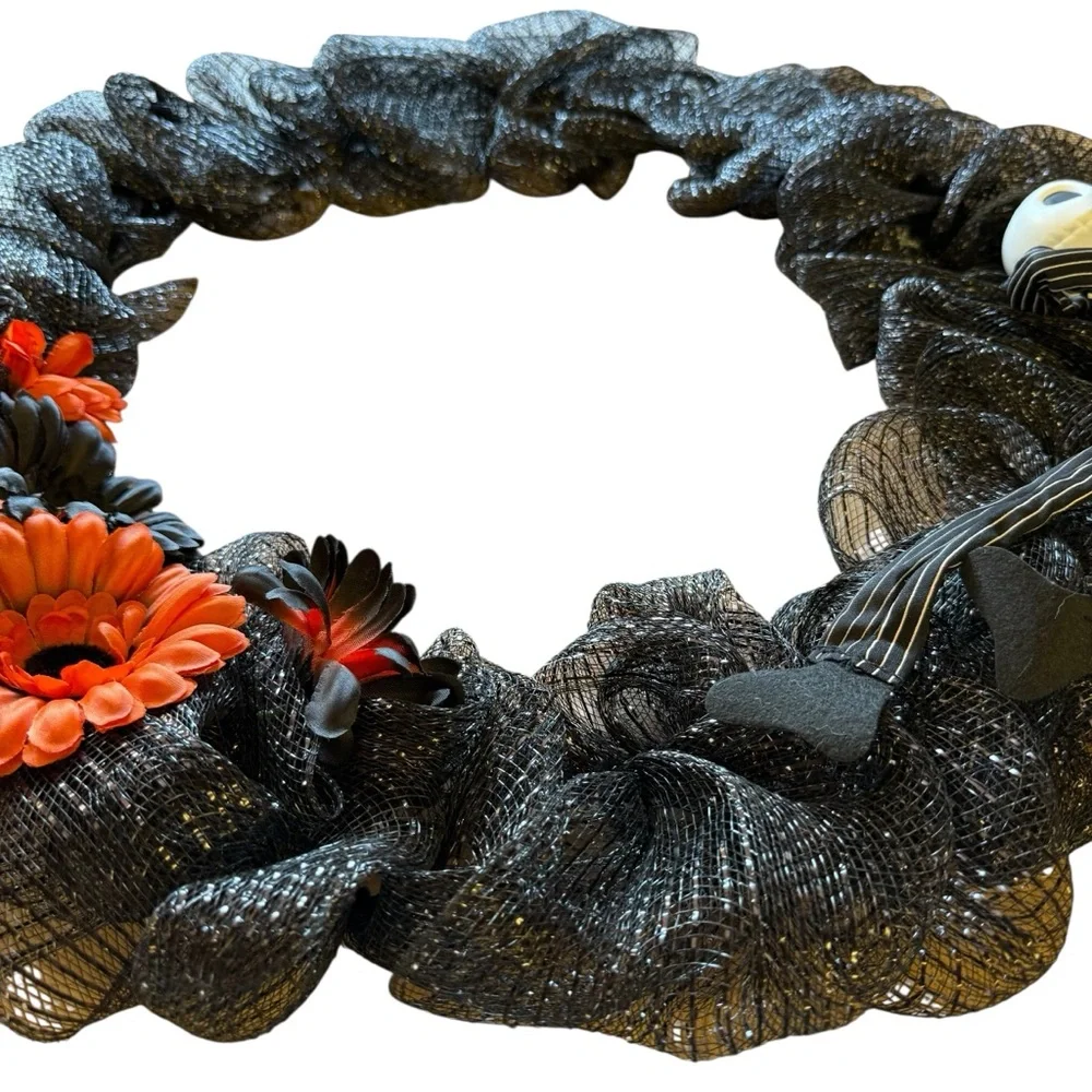 Halloween Black Mesh Wreath with Jack Skellington Figurine & Orange Flowers – 22